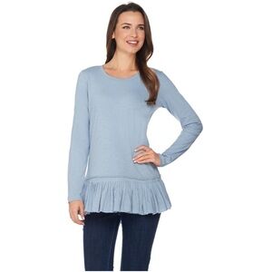 LOGO by Lori Goldstein Blue Cotton Slub Knit Long Sleeve Top Pleated Peplum Sz S